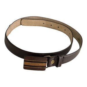 Vtg Brown Leather Belt with Wood Inlay Buckle – Size 40/100 – Imported Cowhide,
